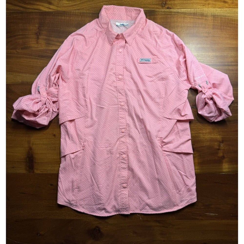 Columbia PFG Womens Medium M Pink Omni Shield Roll Tab Long Sleeve Fishing Shirt